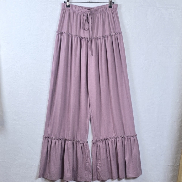 ASVIVID Tiered Ruffle Wide Leg Boho Palazzo Ruffle Trim Lounge Pants Mauve Sz.M - Picture 3 of 13